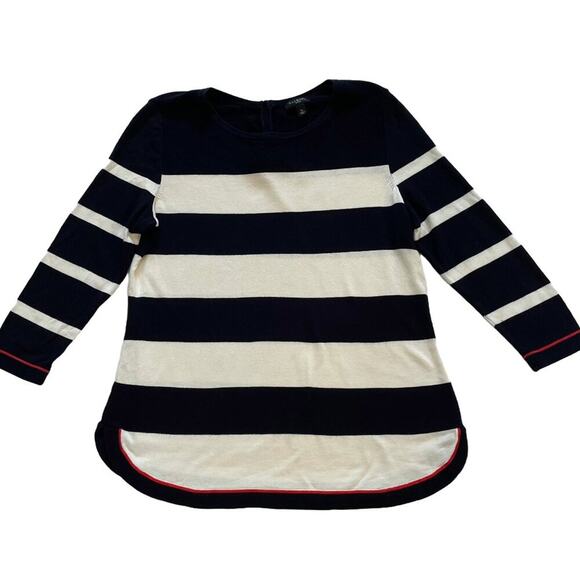 Talbots Cotton Blend Navy & Ivory 3/4 Sleeve Stripe Lightweight Sweater, SP - Picture 1 of 12
